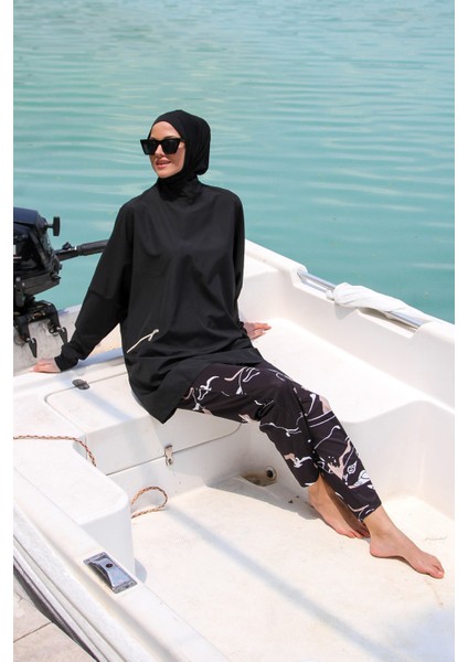 Siyah Kadın Fermuar Detaylı Desenli Tasarım Tesettür Mayo Polyester 3 Parça modelleri