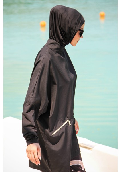 Siyah Kadın Fermuar Detaylı Desenli Tasarım Tesettür Mayo Polyester 3 Parça fırsatları