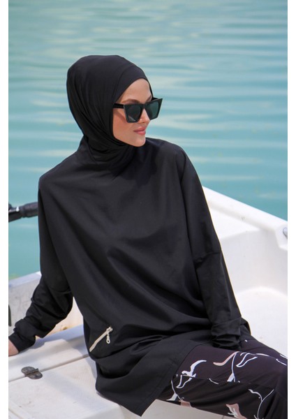 Siyah Kadın Fermuar Detaylı Desenli Tasarım Tesettür Mayo Polyester 3 Parça indirimleri