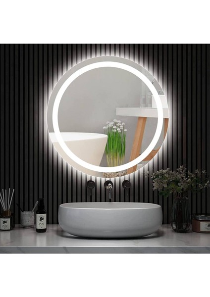 70 cm Beyaz Ledli Kumlamalı Yuvarlak Banyo Aynası Tuvalet Aynası