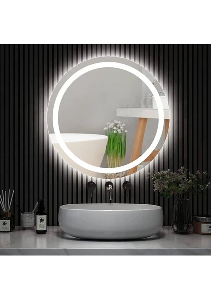 60 cm Beyaz Ledli Kumlamalı Yuvarlak Banyo Aynası Tuvalet Aynası