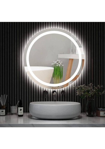 50 cm Beyaz Ledli Kumlamalı Yuvarlak Banyo Aynası Tuvalet Aynası