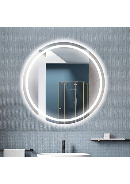 50 cm Beyaz Ledli Kumlamalı Yuvarlak Banyo Aynası Tuvalet Aynası