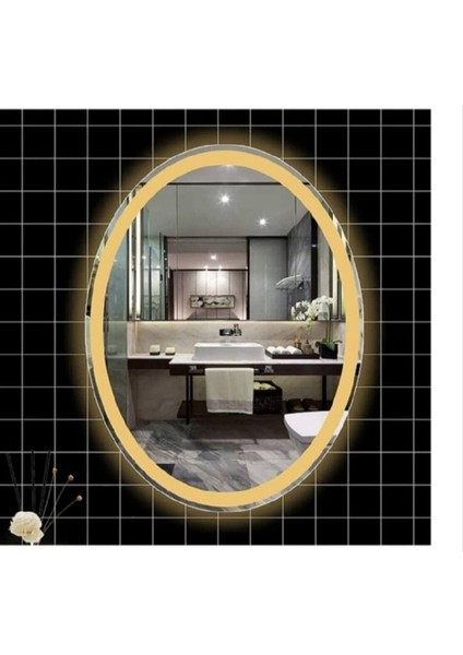 80 x 100 cm Günışığı Ledli Kumlamalı Elips Banyo Aynası Tuvalet Aynası