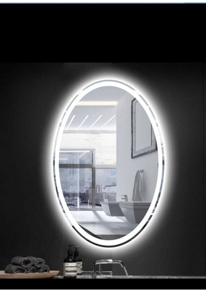 73 x 93 cm Beyaz Ledli Kumlamalı Elips Banyo Aynası Tuvalet Aynası