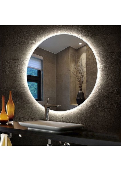 85 Cm Beyaz Ledli Yuvarlak Banyo Aynası Tuvalet Aynası