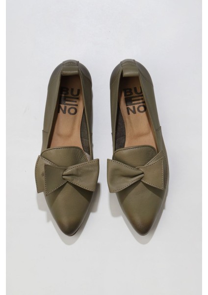 Haki Deri Kadın Topuklu Babet