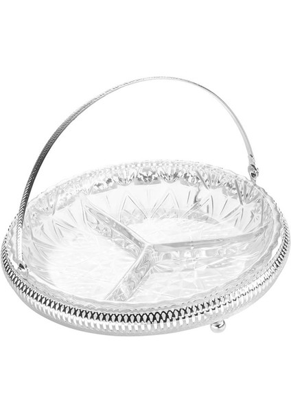 Ingiliz Gümüşü Cam Üç Bölmeli Saplı Sunum Seti 23 cm