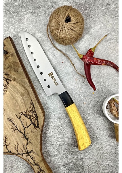 Eğri Oluklu Santoku Ahşap Saplı Şef Bıçağı- Paslanmaz Çelik