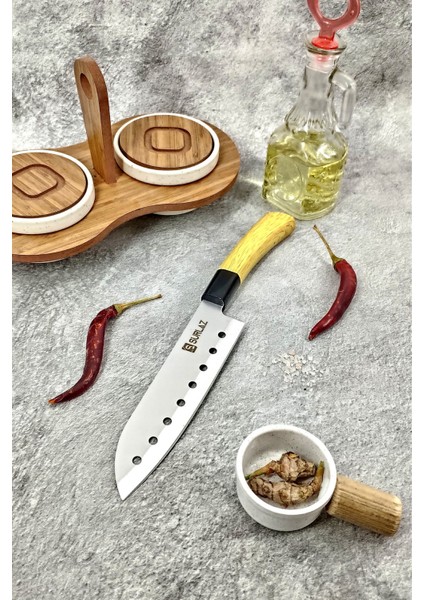 Eğri Oluklu Santoku Ahşap Saplı Şef Bıçağı- Paslanmaz Çelik