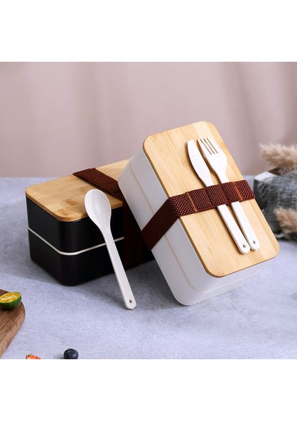 Lovehome Bambu ve Ahşap Kapak Çift Katmanlı Plastik Yemek Saklama Kabı - Siyah (Yurt Dışından)