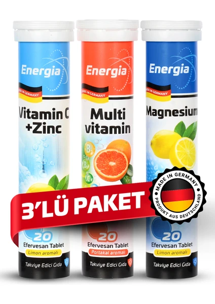 Energia® Vitamin C ve Çinko + Multivitamin + Magnesium Efervesan Tablet Takviye Edici Gıda