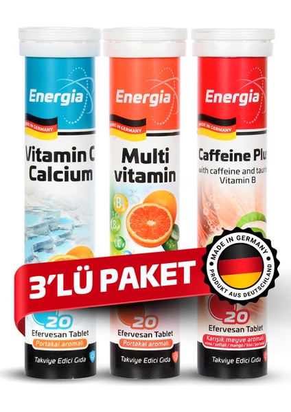 Energia® Vitamin C ve Kalsiyum + Multivitamin + Caffeine Plus Efervesan Tablet Takviye Edici Gıda