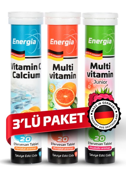 Energia® Vitamin C ve Kalsiyum + Multivitamin + Multivitamin Çocuk Efervesan Tablet