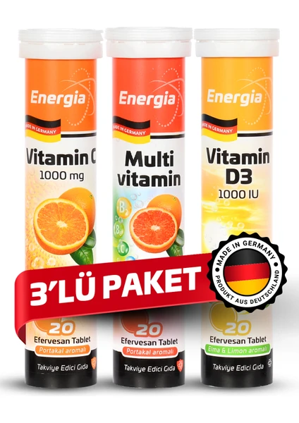 Energia® Vitamin C + Multivitamin + Vitamin D Efervesan Tablet Takviye Edici Gıda