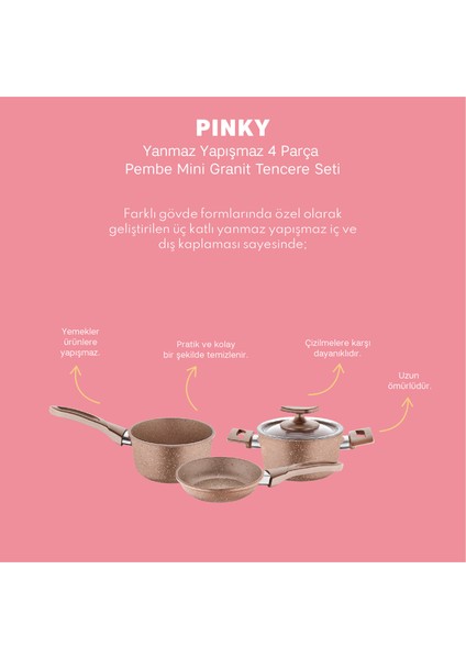 Pinky Pembe 4 Parça Mini Granit Tencere Seti