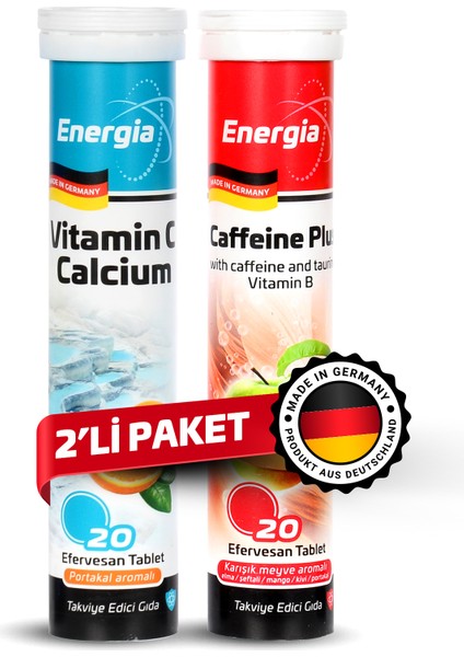 Energia® Vitamin C ve Kalsiyum + Caffeine Plus Efervesan Tablet Takviye Edici Gıda