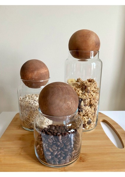 3'lü Ahşap Top Kapaklı Cam Kavanoz Seti