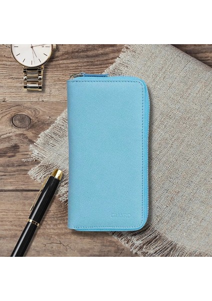 Hakiki Deri Unisex Turkuaz Fermuarlı Portföy Cüzdan (T1526)