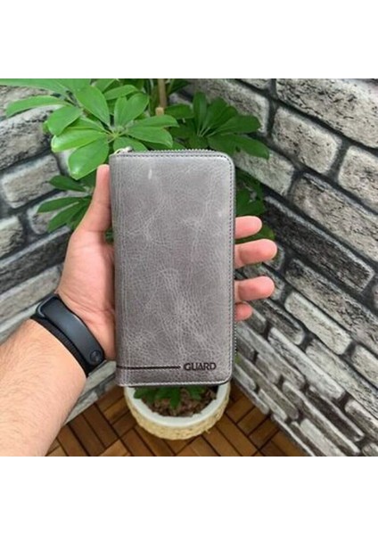Hakiki Deri Unisex Antik Gri Fermuarlı Portföy Cüzdan (T463)