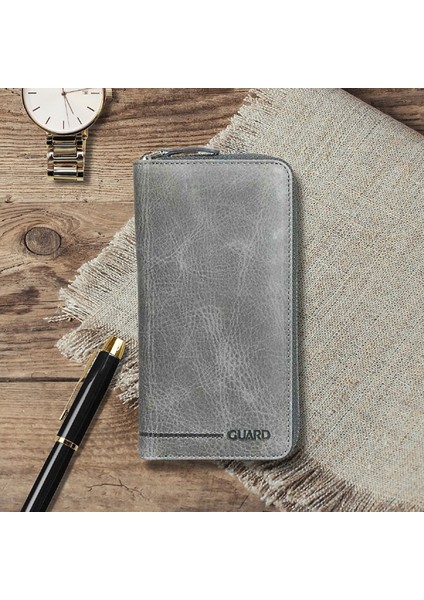 Hakiki Deri Unisex Antik Gri Fermuarlı Portföy Cüzdan (T463)
