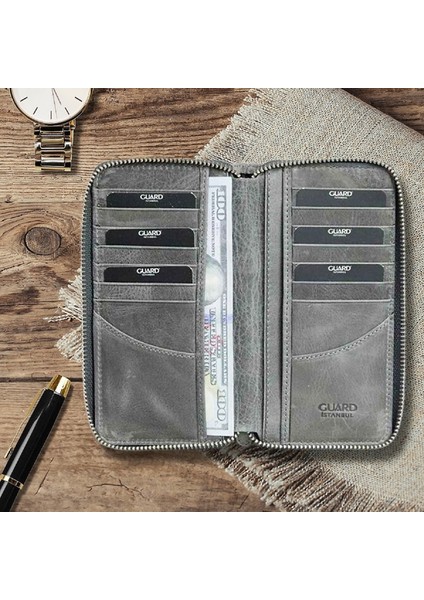 Hakiki Deri Unisex Antik Gri Fermuarlı Portföy Cüzdan (T463)
