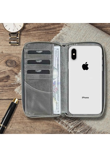 Hakiki Deri Unisex Antik Gri Fermuarlı Portföy Cüzdan (T463)