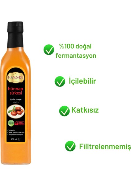 Hanzade Bitkisel Hünnap Sirkesi 500 ml Doğal Fermantasyon İçilebilir Katkısız Cam Şişe