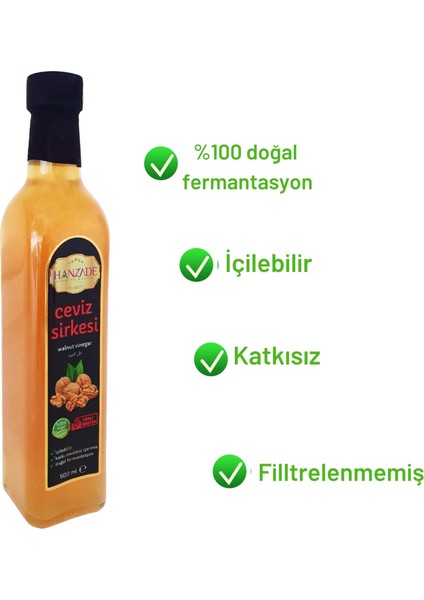 Hanzade Bitkisel Ceviz Sirkesi 500 ml Doğal Fermantasyon İçilebilir Katkısız Cam Şişe