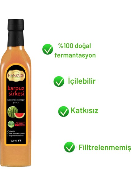 Hanzade Bitkisel Karpuz Sirkesi 500 ml Doğal Fermantasyon İçilebilir Katkısız Cam Şişe