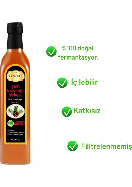 Hanzade Bitkisel Çam Kozalağı Sirkesi 500 ml Doğal Fermantasyon İçilebilir Katkısız Cam Şişe