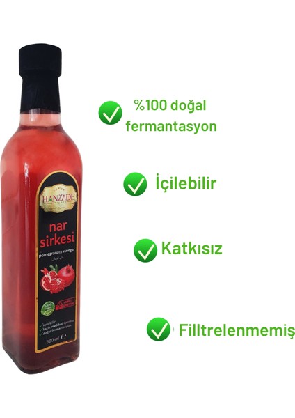 Hanzade Bitkisel Nar Sirkesi 500 ml Doğal Fermantasyon İçilebilir Katkısız Cam Şişe