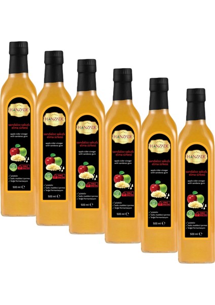 Sandaloz Sakızlı Elma Sirkesi 500 ml x 6 Adet Doğal Fermantasyon İçilebilir Katkısız Cam Şişe