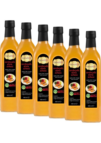Zerdeçallı Elma Sirkesi 500 ml x 6 Adet Doğal Fermantasyon İçilebilir Katkısız Cam Şişe