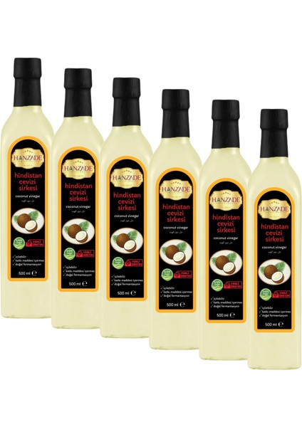 Hindistan Cevizi Sirkesi 500 ml x 6 Adet Doğal Fermantasyon İçilebilir Katkısız Cam Şişe