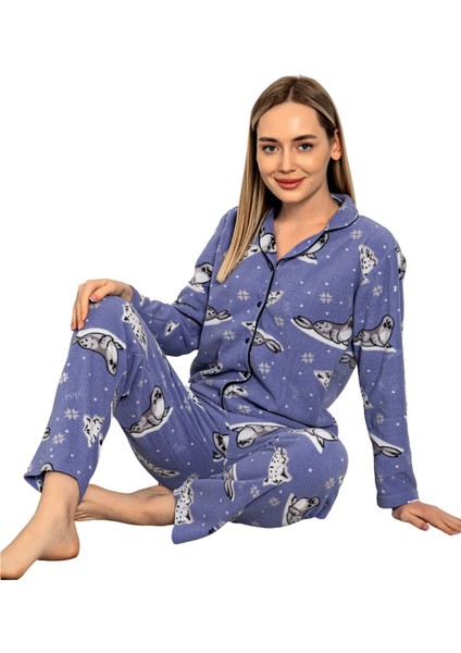 Bayan Kışlık Welsoft Peluş Inci Polar Düğmeli Pijama Takımı 'ipeksi Doku'