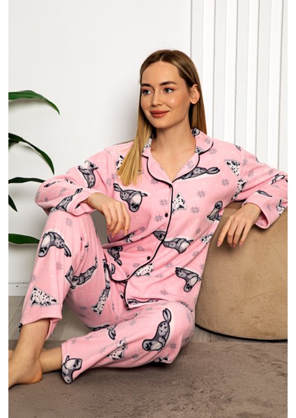 Bayan Kışlık Welsoft Peluş Inci Polar Düğmeli Pijama Takımı 'ipeksi Doku'