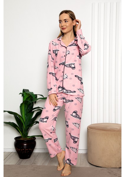 Bayan Kışlık Welsoft Peluş Inci Polar Düğmeli Pijama Takımı 'ipeksi Doku'