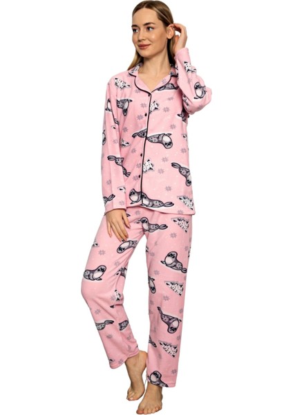 Bayan Kışlık Welsoft Peluş Inci Polar Düğmeli Pijama Takımı 'ipeksi Doku'