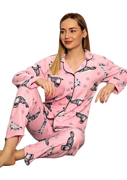 Bayan Kışlık Welsoft Peluş Inci Polar Düğmeli Pijama Takımı 'ipeksi Doku'