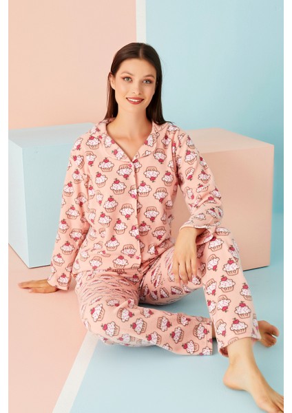 Bayan Kışlık Welsoft Peluş Inci Polar Düğmeli Pijama Takımı 'ipeksi Doku'