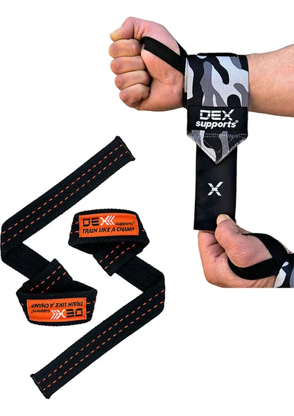 Dex Supports Dark Tone Kamuflaj Wrist Wraps+ Pro Lifting Straps  2'li Set