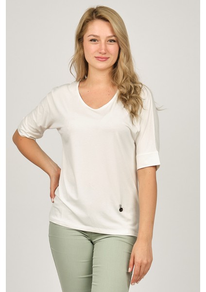 Kadın V Yaka Bluz 6690201 Ekru