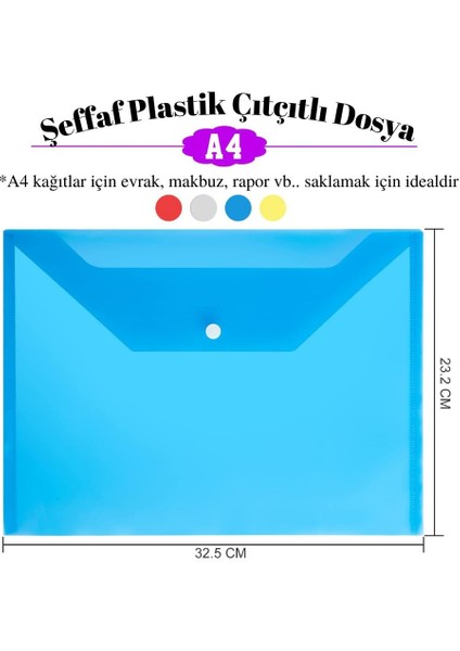 A4 Çıtçıtlı Şeffaf Renkli Zarf Dosya Kırmızı