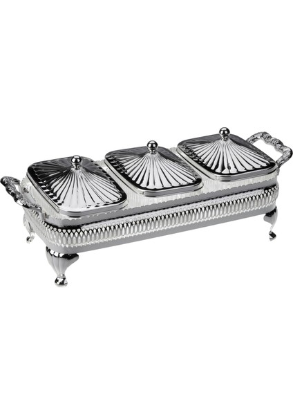 Ingiliz Gümüşü Üç Bölmeli Kapaklı Sunumluk 30 x 13.5 cm