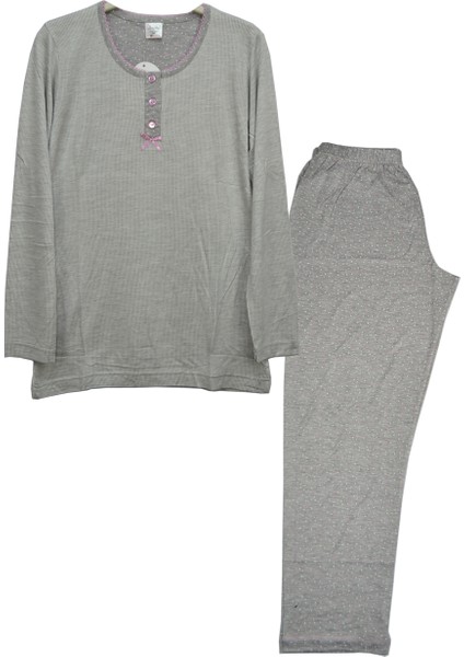 Kadın Gri Çizgili Bambu Pijama Takımı Uzunkollu Uzun Pantolon Puantiyeli 5789 fırsatları
