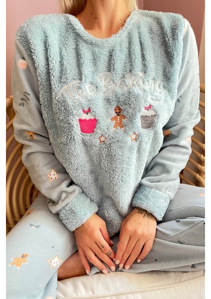 Mint Yeşili Baking Desenli Kadın Peluş Pijama Takımı