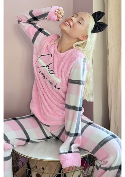 Toz Pembe Deep Chic Desenli Kadın Peluş Pijama Takımı