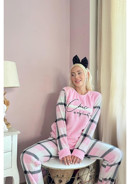 Toz Pembe Deep Chic Desenli Kadın Peluş Pijama Takımı