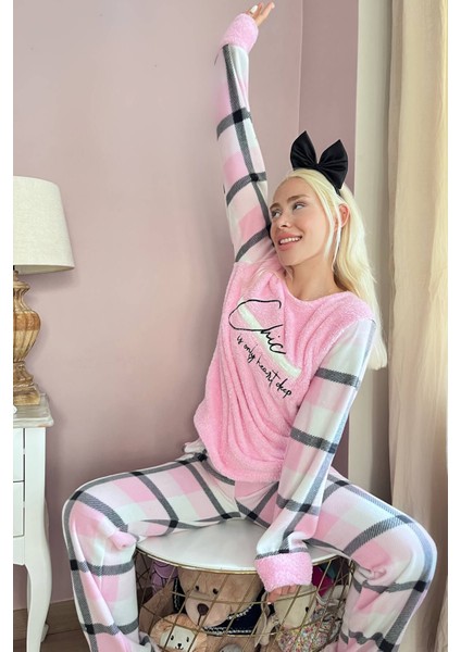 Toz Pembe Deep Chic Desenli Kadın Peluş Pijama Takımı